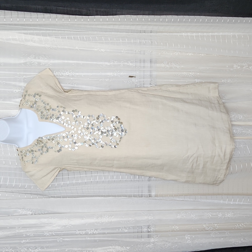 Vineyard Vines Flax Linen Blend Shell Beaded Tunic Dress Sz2